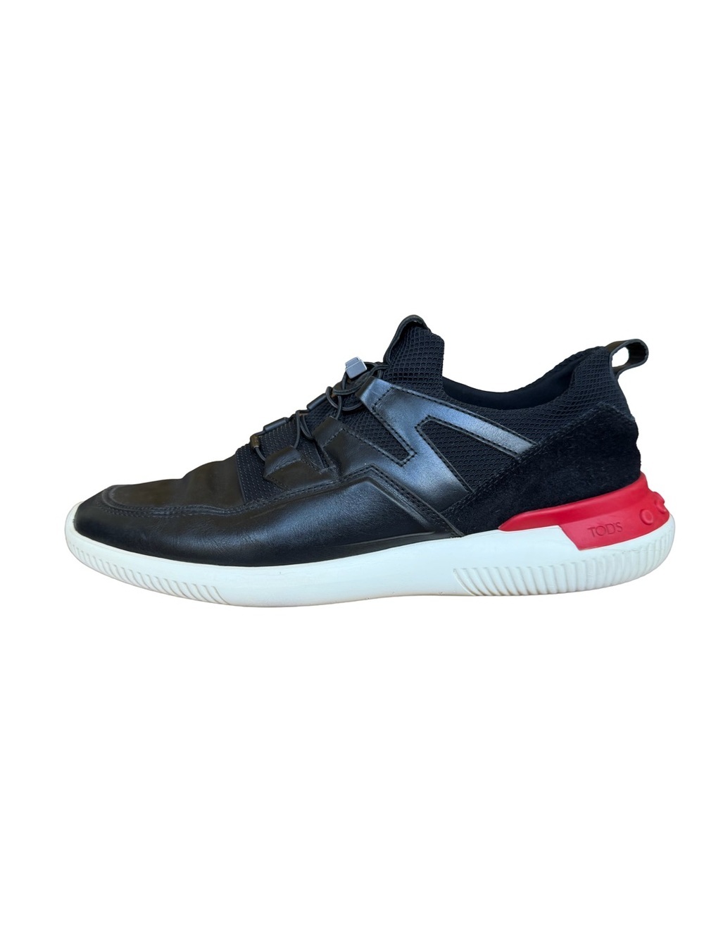 Tod’s No Code Black Leather Mesh Sneakers Red Heel Men’s US 10.5 UK 9